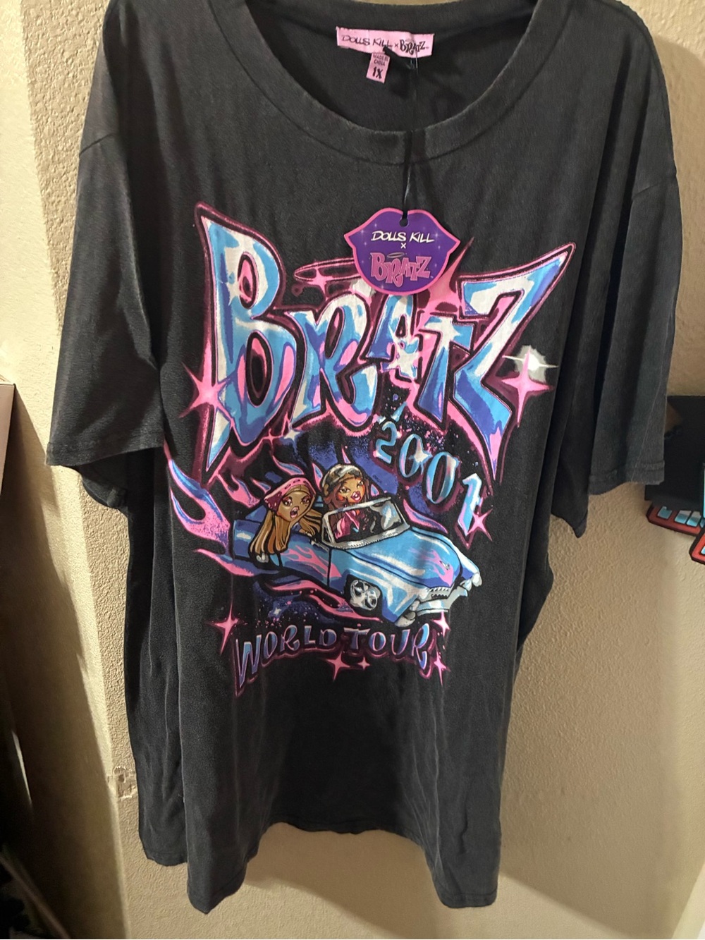 Dolls Kill Black Bratz Graphic Tee with Pink & Blue Print